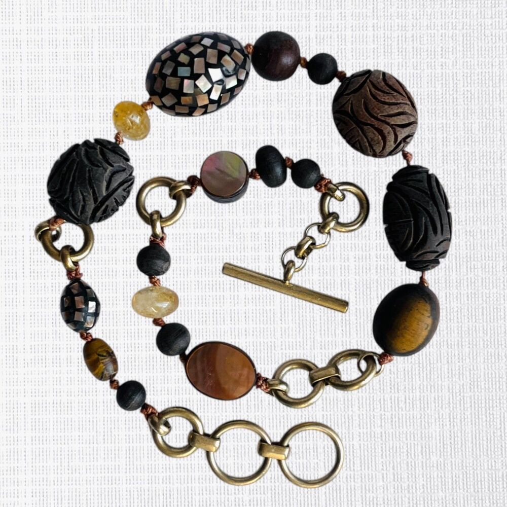 Kenneth Cole Necklace Carved Wood Bead Mother of Pearl Tribal Brown Gold Tone